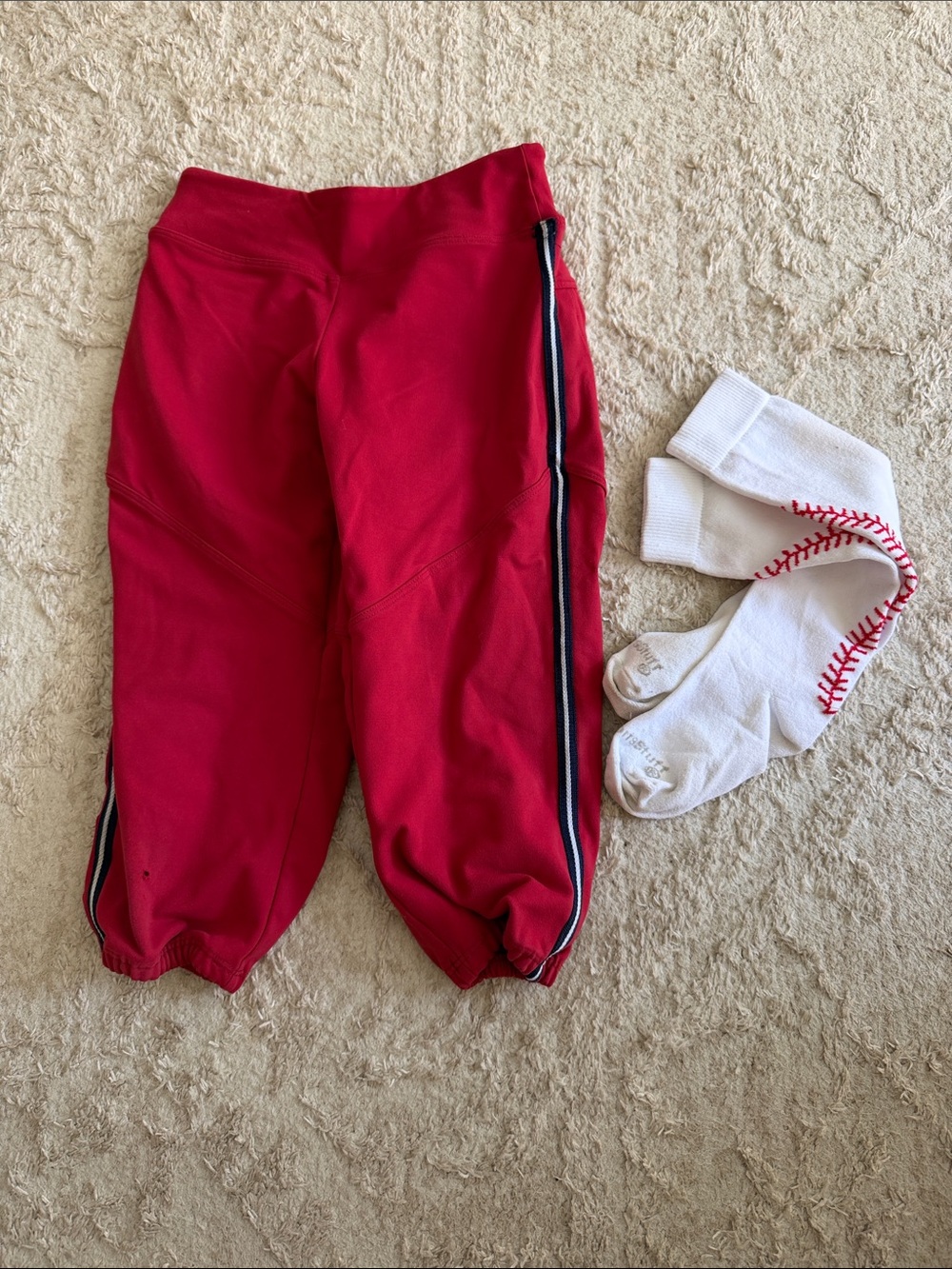 Youth M Bellalete Red softball pants wihh blue/white stripe